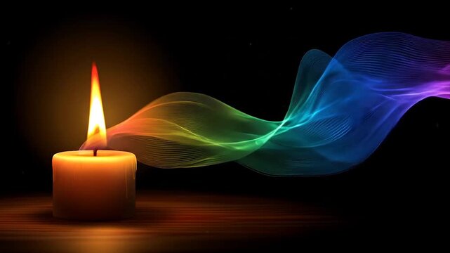 Glowing candle with colorful smoke against a dark background