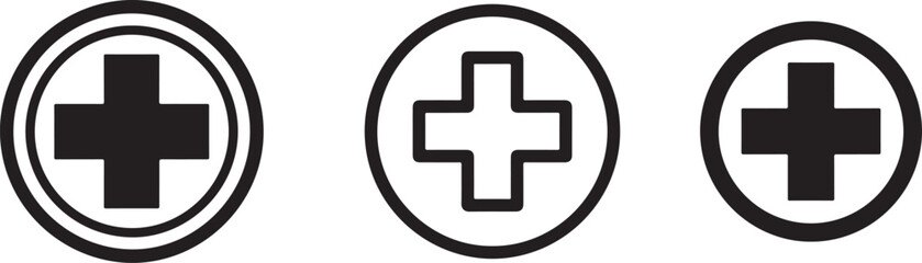 Fototapeta premium Three distinct medical cross icons in black and white, representing healthcare and emergency services.
