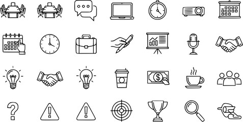 Fototapeta premium Business and Finance Icons: Meeting, Calendar, Laptop, Clock, Projector, Presentation, Money, Coffee, Teamwork More