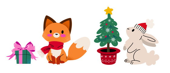 Naklejka premium Cute fox and rabbit in Christmas scene with gift box and tree, festive vector illustration for kids, cards, stickers and holiday design.