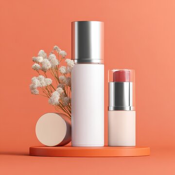 Elegant Skincare Products - White Bottles, Pink Balm, Delicate Flowers on Vibrant Orange Pedestal.