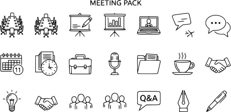 Outline vector icons set for business meeting, office presentation, online conference and team communication pack