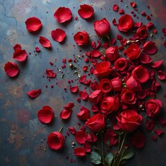 질감이 있는 표면에 선명한 붉은 장미와 흩어진 꽃잎들