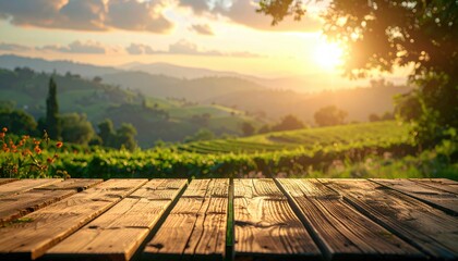 Fototapeta premium Empty rustic wooden table overlooking rolling green hills and vineyards during golden sunset with soft hazy mountains