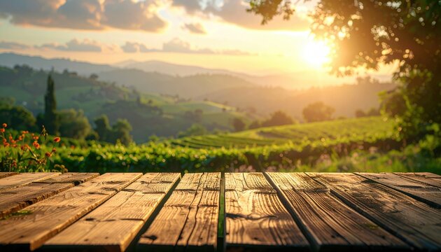Empty rustic wooden table overlooking rolling green hills and vineyards during golden sunset with soft hazy mountains