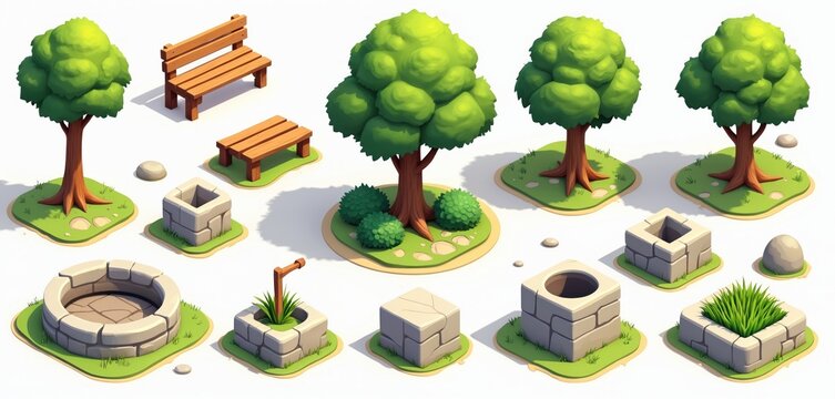 Collection of isometric park elements. Includes trees bushes benches stone wells and grass patches. Ideal for game design or virtual world creation.