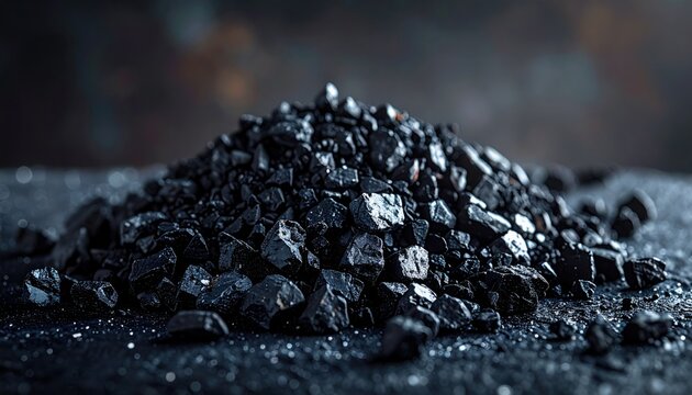 Heap of shiny black coal pieces or obsidian stones piled on dark surface with blurred industrial background