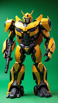 Bumblebee Transformer Robot Toy on Green Background.