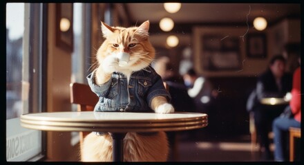 Cat Sitting at Table in Cafe.