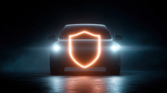 Car with illuminated shield icon safety concept