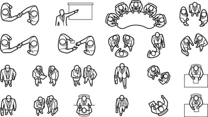 Fototapeta premium Diverse overhead diagrams of people engaging in various activities such as meeting, presentation and discussion. These scenes showcase the versatility of human interaction.
