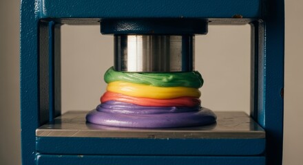 Colorful Plasticine Being Compressed by Machine.