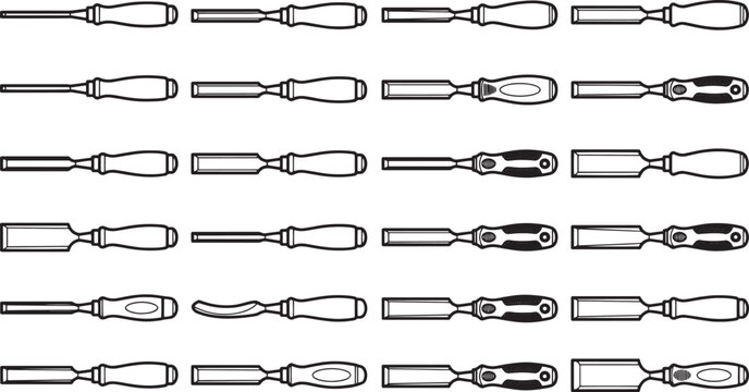 Rows of precision tools are meticulously arranged, showcasing the sharp angles and ergonomic designs of woodworking chisels in a detailed, technical illustration.