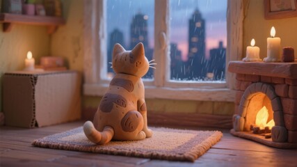 Cozy Cat by the Fireplace at Sunset.