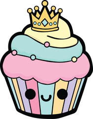 Cute Princess Cupcake Cartoon with Crown. Kawaii Pastel Dessert Mascot Illustration