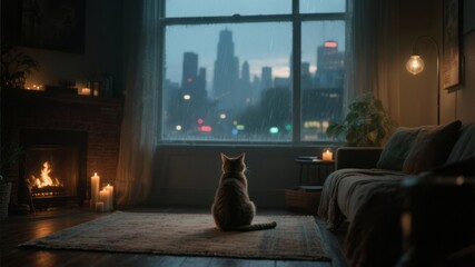Cozy Cat Sitting by Window at Night.