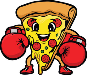 Funny Boxing Pizza Slice Cartoon Mascot. Cute Fast Food Character Illustration