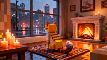 Cozy Living Room with Fireplace and City View.