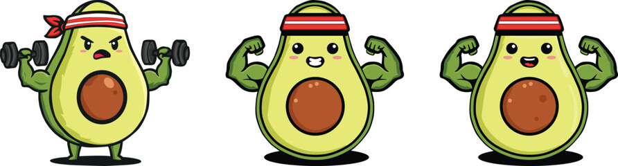 Strong Avocado Cartoon Mascot Set. Cute Fitness Character with Dumbbell