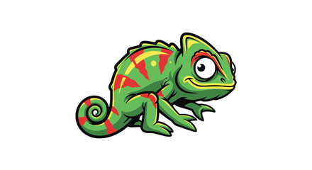 A cartoon chameleon with vibrant green and red stripes sitting on a branch viewed from the side © XsDax