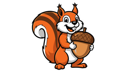 A cartoon squirrel holding an acorn in its paws and standing upright on a plain background from a straightforward viewpoint © XsDax
