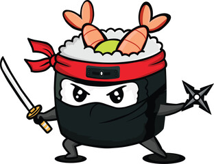 Ninja Sushi Cartoon Mascot with Sword and Shuriken. Cute Japanese Food Character