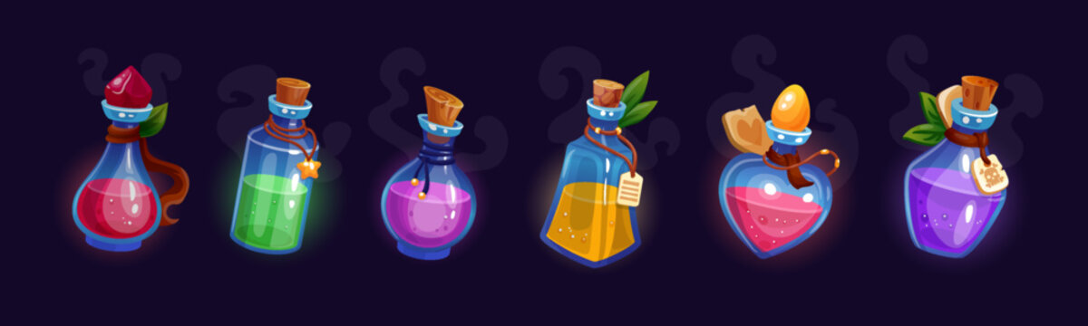 Magical love bottles. Heart elixirs, glowing pink liquid, crystal stoppers. Fantasy romance game UI. Valentine design potion alchemist fantasy icons. Vector cartoon tidy isolated illustration set