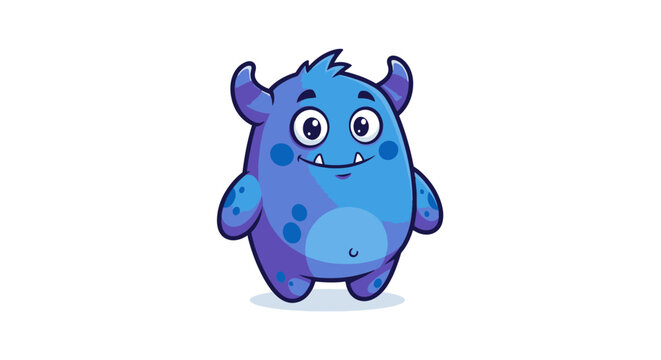 A cartoon monster with horns and a big smile standing alone on a plain surface viewed from the front