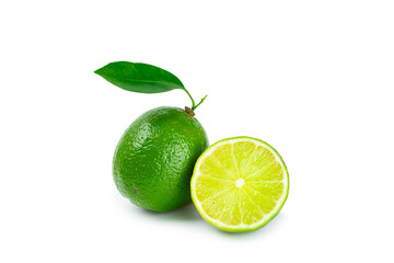 Fresh lime isolated on white background. Whole limes and slices in a bowl. Citrus. Vitamin C. Detox diet. Tropical fruits. Summer refreshing lemonade or mojito concept.