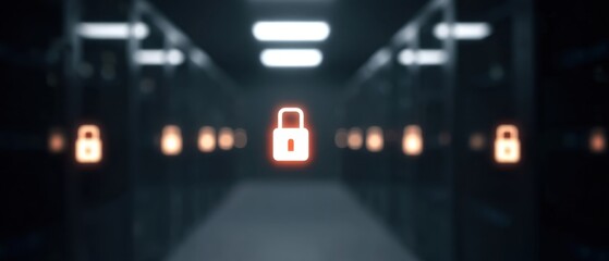 Abstract Representation of Cybersecurity with a Lock Symbol in a Blurred Dark Server Environment