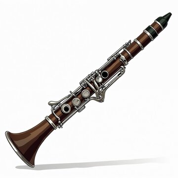 Brown woodwind clarinet musical instrument isolated on white background. Realistic illustration of orchestral equipment used for jazz blues or classical music performance.