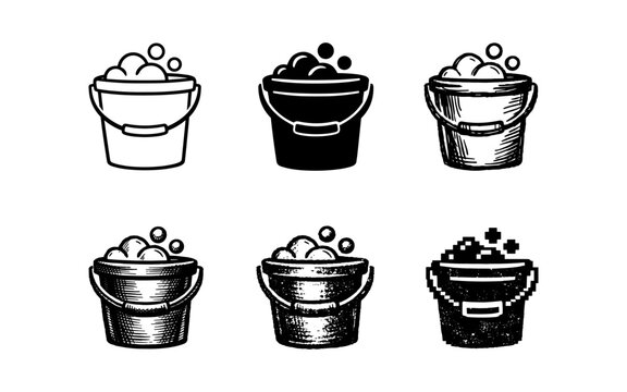 Collection of six different bucket icons filled with soapy water and bubbles