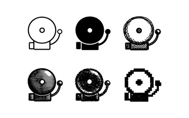 Collection of six different styles of bell icons, including line art, solid fill, and textured drawings