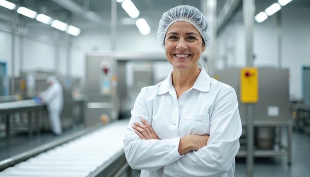 Smiling woman in white lab coat and hairnet standing with arms crossed in food factory production area. She looks confident and happy, overseeing operations. Another worker visible on conveyor belt.