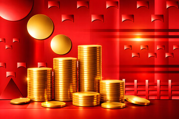 赤背景に金貨が輝く抽象的な未来都市イメージ