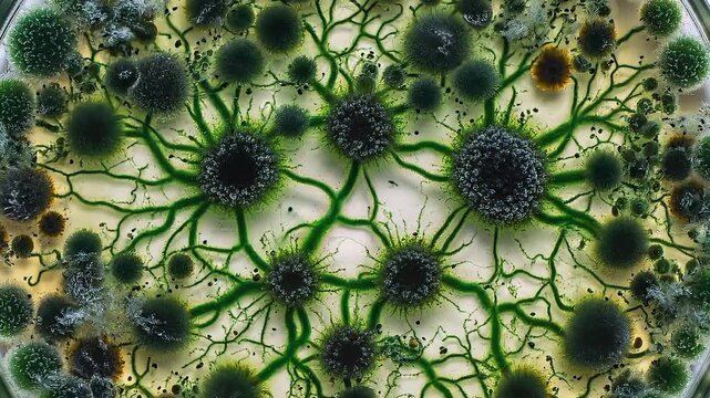 Close up microscopic view of vibrant green plant cells forming networked structures and natural textures.