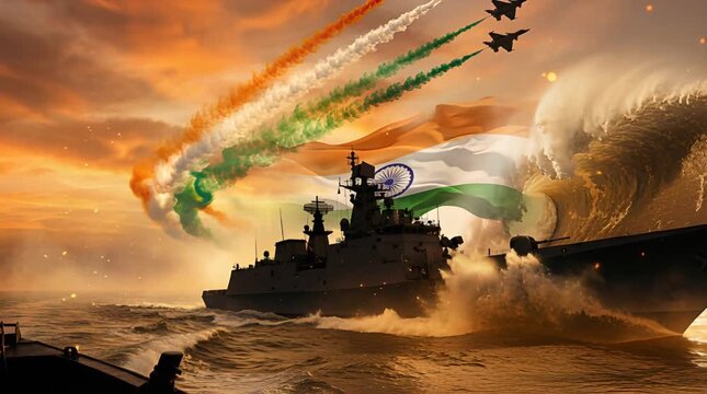 Naval Vessel Under Sunset Sky Displaying National Flag with Jet Streamers in Orange Green and White on Choppy Waters