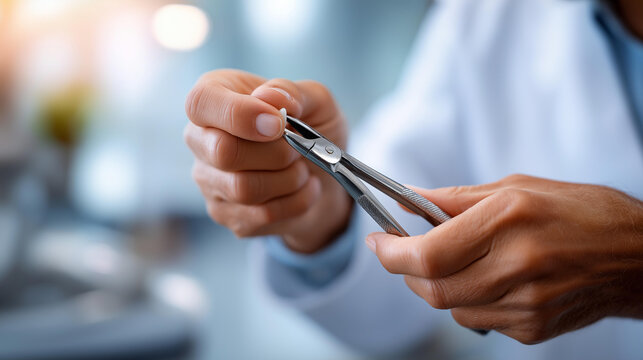 Close up dental forceps removal process in clinic hands of dentist with extraction tool shown clearly oral surgery with tooth removal procedure visible dental environment with