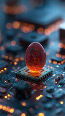 Easter egg sitting on glowing computer circuit board, futuristic cyber style, neon lights, digital art, ultra detailed, creative technology concept.