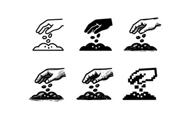 Fototapeta premium Collection of hand sowing seeds into soil icons in various artistic styles