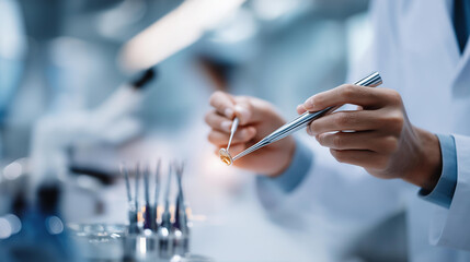 Hands performing dental extraction with clinic tools professional conducting tooth removal procedure shown clinical environment with dental instruments visible medical facility