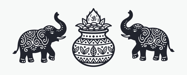 Auspicious Indian Elephant and Kalash Pot Silhouette Vector © thetwelvesense