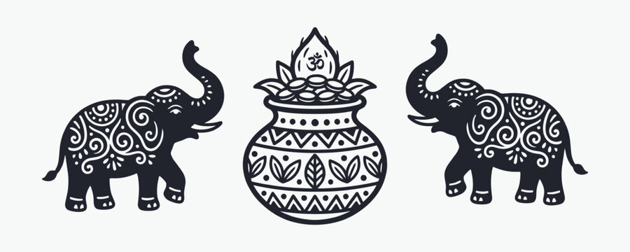 Auspicious Indian Elephant and Kalash Pot Silhouette Vector