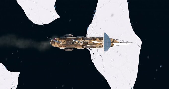 Historic polar exploration ship handcrafted interpretation of Endurance 3D render based on historical data top view of breaking through an iceberg