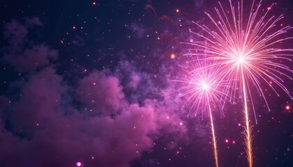Fototapeta premium Bright pink fireworks explode in dark night sky. Nebula clouds and stars shimmer. Festive pyrotechnic display illuminates sky for celebration event.