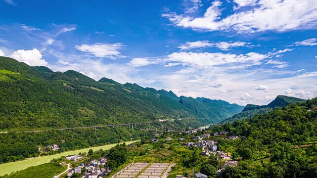 Chongqing Ayi River Valley Aerial Landscape with Mountains and Bridge