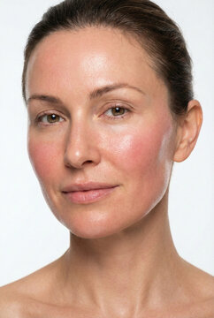 Close up portrait of woman face showing mild redness and erythema immediately after professional laser or chemical peel.