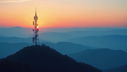 Obraz premium Tower on mountain peak. Sun sets behind cell tower with layered blue hills fading into distance. Orange sky glows above mountain range at dawn.