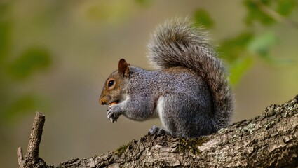 Obraz premium Squirrel Sitting on Tree Branch Eating Food During Daylight in a Natural Setting