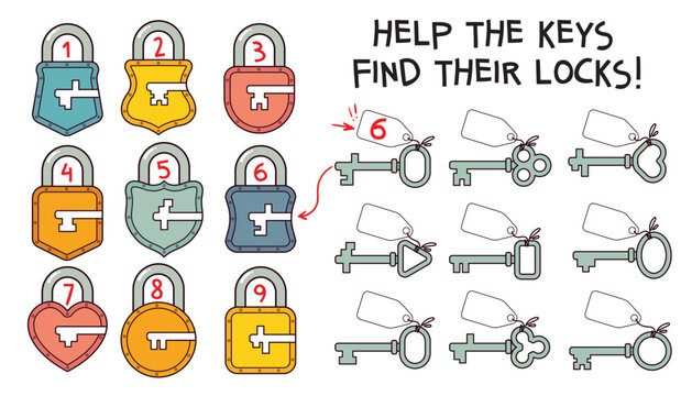 Fun puzzle game for kids - help the keys find their matching locks. Colorful educational activity to develop logic, attention, and thinking skills. Perfect for learning and play. Spot it. Set